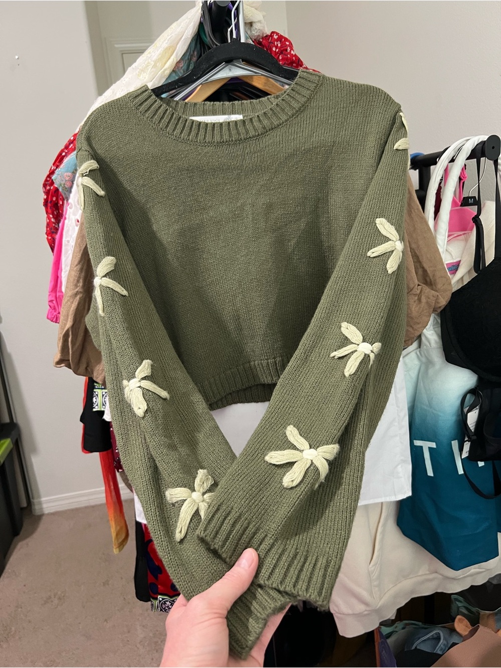 Altar'd State Olive Green Floral Daisy 🌼 Cropped Knit Sweater